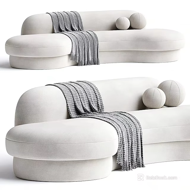 Modern White Sectional Sofa With Gray Blanket And Round Pillows 3d model 