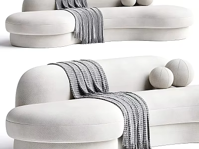 Modern White Sectional Sofa With Gray Blanket And Round Pillows 3d model