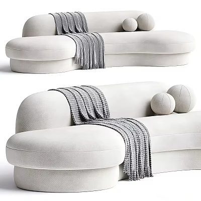 Modern White Sectional Sofa With Gray Blanket And Round Pillows 3d model