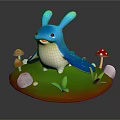 Blue Rabbit Like Creature On Green Grassy Base With Mushrooms Stones And Grass Blades