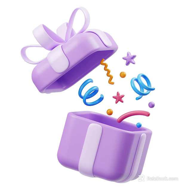 Colorful Decorative Ornament Set with Stars and Spirals from Open Purple Gift Box 3d model 