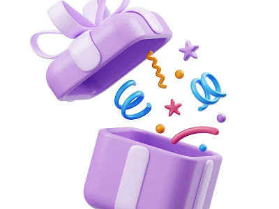 Colorful Decorative Ornament Set with Stars and Spirals from Open Purple Gift Box 3d model