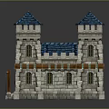 Cartoon Style Castle Model With Blue Spires Stone Towers Porch Steps And Blue Banners