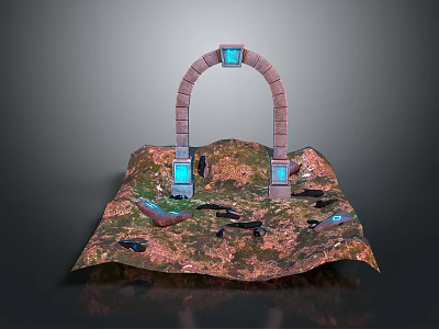 Mystical Scenic Landscape Featuring Stone Archway Blue Glowing Elements Green Grass And Water Pools 3d model