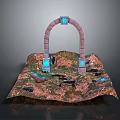 Mystical Scenic Landscape Featuring Stone Archway Blue Glowing Elements Green Grass And Water Pools
