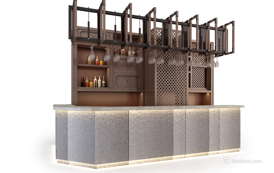 Modern Bar Counter With Stone Top Wooden Wine Rack Cabinets And Hanging Glasses 3d model 