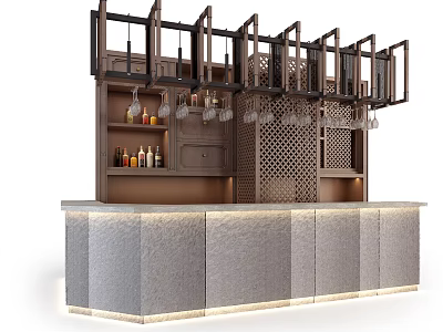 Modern Bar Counter With Stone Top Wooden Wine Rack Cabinets And Hanging Glasses 3d model