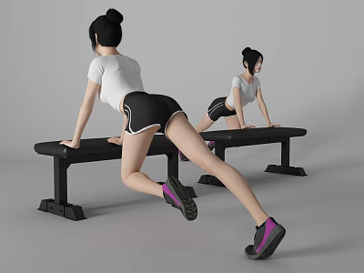 Women in White Tops and Black Shorts Exercising on Bench with Pink Black Sneakers 3d model