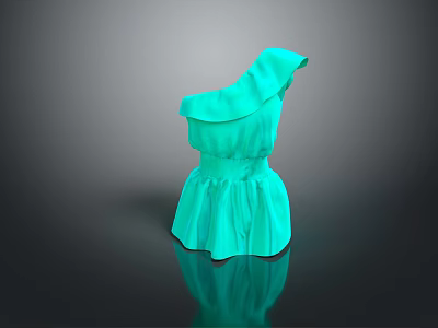 Stylish Green One Shoulder Ruffle Dress With Flared Skirt Design 3d model