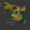 Various Green Plants In Orange Pots On Mobile Green Cart With Wheels