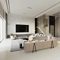 Duplex Living Room Interior Design With White Sofa Large TV Metal Strip Partition And Staircase