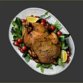 Golden Roast Chicken Plated With Fresh Vegetables Fruits And Herbs