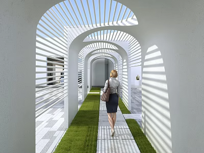 White Arched Pergola With Lattice Design Sunlight Shadows Grass Pathway And Walking Person 3d model