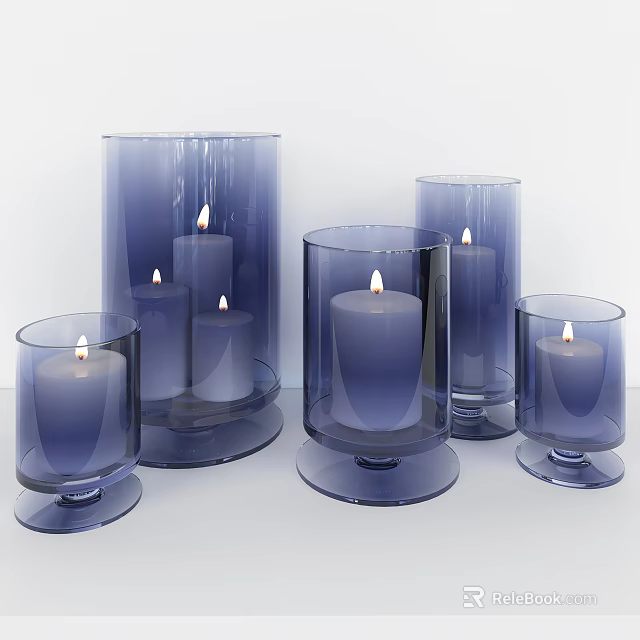 Modern Blue Glass Candle Lamps with Different Sizes and Burning Candles 3d model 