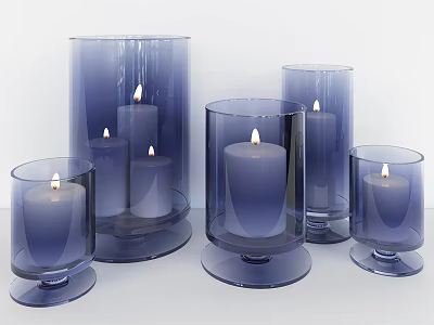 Modern Blue Glass Candle Lamps with Different Sizes and Burning Candles 3d model