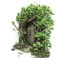 Enchanted Wooden Door Surrounded By Tree Roots Green Vines And Stone Steps