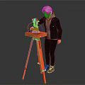 White Haired Person Using Green Tool On Red Tripod Workbench