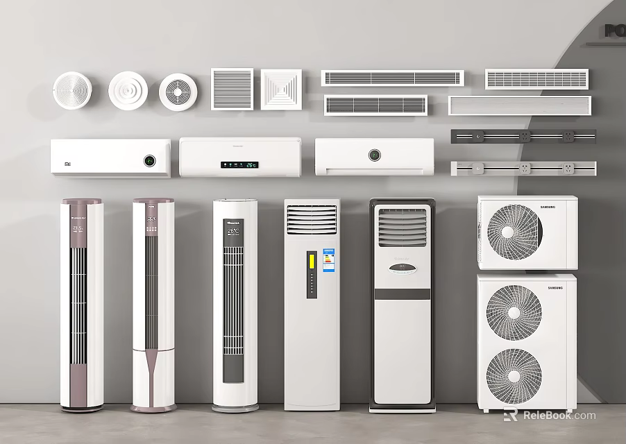 Variety of Air Conditioners and Fans Including Wall Mounted and Floor Standing Units 3d model 