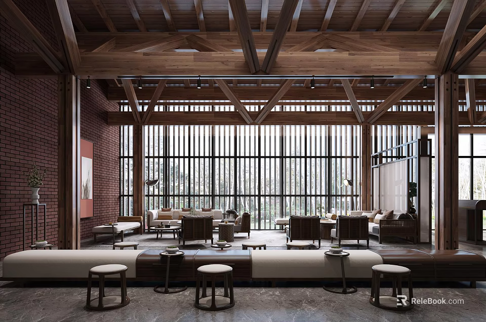 Modern Sales Office Interior With Wooden Structure Large Windows And Comfortable Sofas 3d model