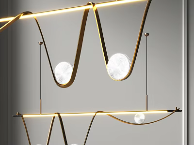 Modern Geometric Pendant Light With Gold Metal Frame And Circular Glass Shades In Interior Space 3d model