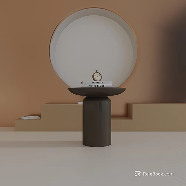 Black Cylindrical Side Table With Round Top And Clock On Beige Wall Background 3d model 