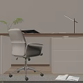 Modern Home Office Desk with White Chair Desk Lamp Plant and Drawer Cabinet