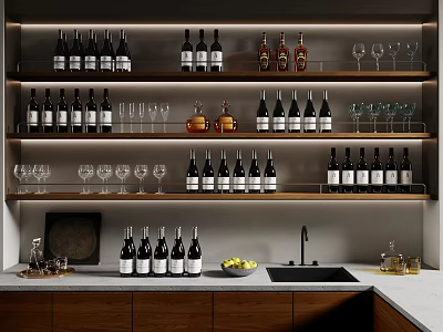 Modern Kitchen Bar Area With Wine Rack Holding Wine Bottles And Glasses 3d model