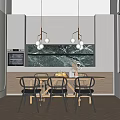Modern Restaurant Interior With Dining Table Chairs Pendant Lights Marble Counter And Wooden Flooring