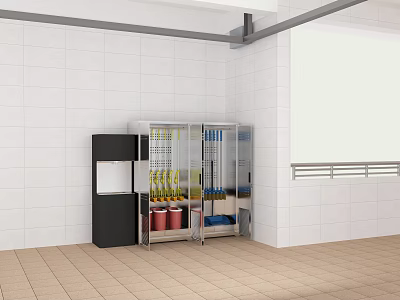 Glass Door Display Cabinet With Black Water Dispenser And Bottles In White Tiled Room 3d model