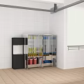 Glass Door Display Cabinet With Black Water Dispenser And Bottles In White Tiled Room