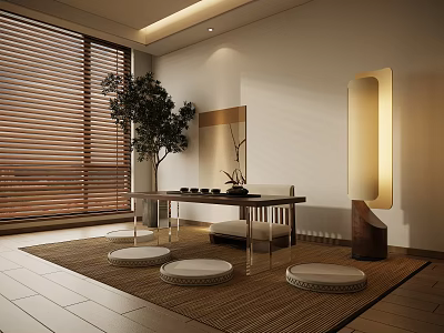 Modern Japanese Tea Room Interior With Wooden Blinds Tree Plant Long Table And Round Floor Cushions 3d model