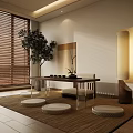 Modern Japanese Tea Room Interior With Wooden Blinds Tree Plant Long Table And Round Floor Cushions