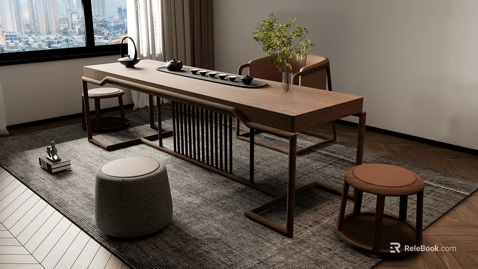 Minimalist Wooden Tea Table And Chairs With Tea Set Stools Plant On Rug Near Window 3d model 