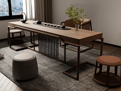 Minimalist Wooden Tea Table And Chairs With Tea Set Stools Plant On Rug Near Window 3d model