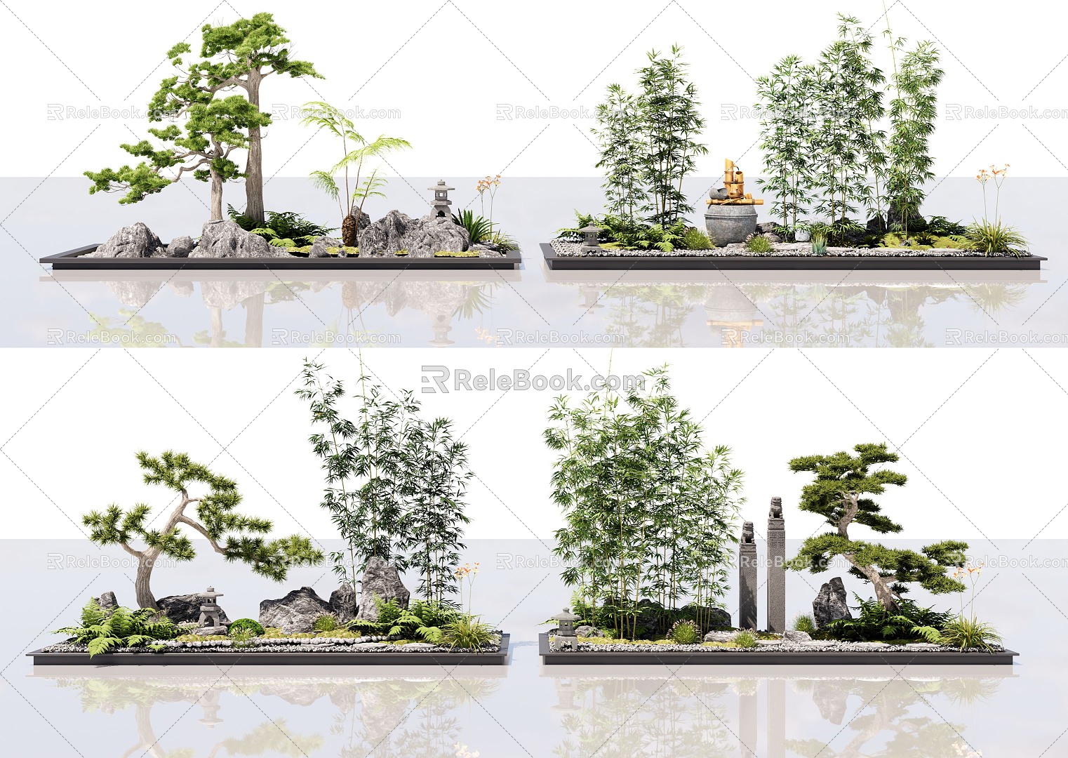 Courtyard sketch stone landscape stone rockery sketch landscape tree withered landscape sketch pine bamboo indoor landscape 3d model