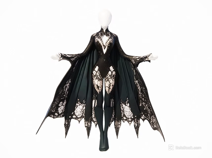 Elegant Model In Black Lace Cape And Bodysuit With Dramatic Design 3d model 
