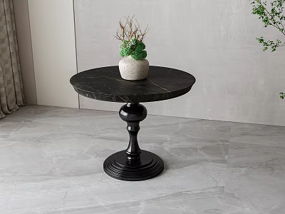 Modern Round Coffee Table With Dark Stone Tabletop Black Base White Pot And Green Plant 3d model