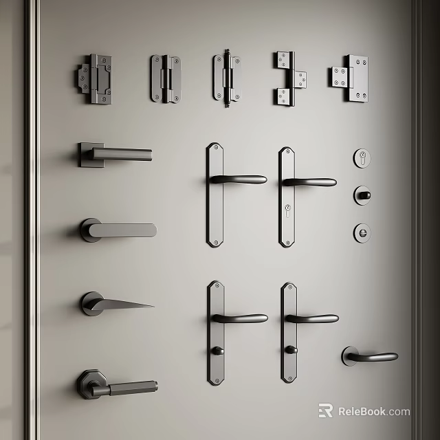 Various Stylish Metal Door Handles With Different Designs Displayed On A Board 3d model 
