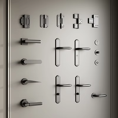Various Stylish Metal Door Handles With Different Designs Displayed On A Board 3d model