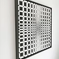 Abstract Painting Black And White Grid Pattern Creating Visual Depth Black Frame On White Wall