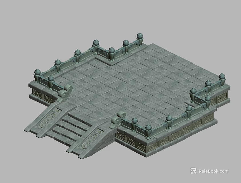 Ancient Architecture Square Stone Platform With Carved Railings And Spherical Decorations 3d model 