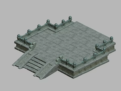 Ancient Architecture Square Stone Platform With Carved Railings And Spherical Decorations 3d model