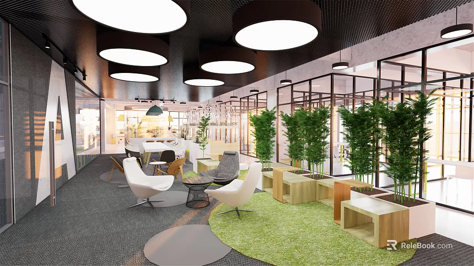 Modern Lounge Area With Indoor Plants Round Pendant Lights And Comfortable Seating 3d model 