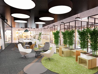 Modern Lounge Area With Indoor Plants Round Pendant Lights And Comfortable Seating 3d model