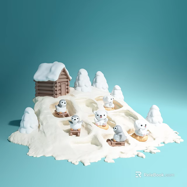 Winter Themed Dessert Sculpture with Snowy Log Cabin and Seal Figures on Blue Background 3d model 