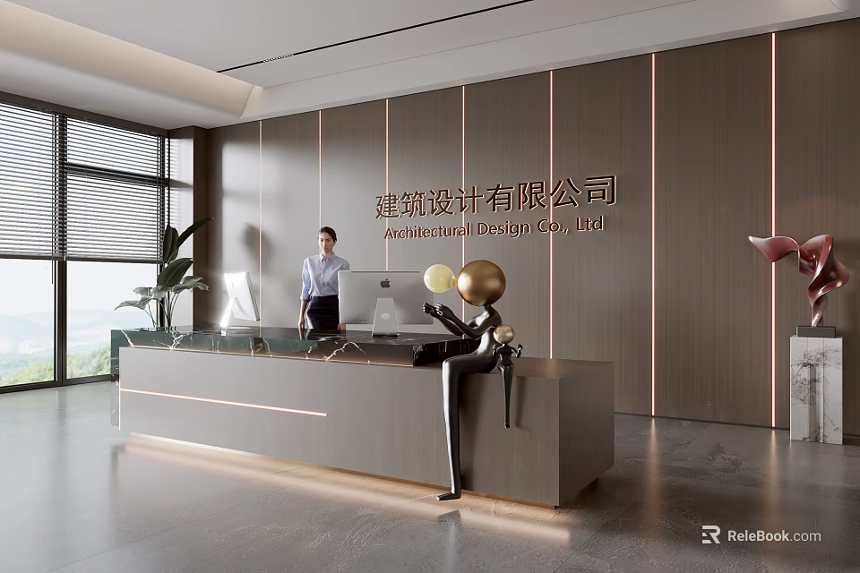 Modern Front Desk Reception Area in Architectural Design Company with Receptionist and Contemporary Elements 3d model 