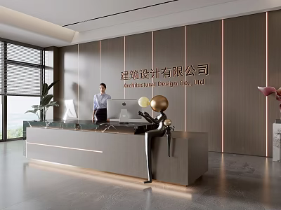 Modern Front Desk Reception Area in Architectural Design Company with Receptionist and Contemporary Elements 3d model