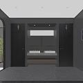 Modern Public Restroom Interior With Double Sinks Mirror Green Plants And Gray Walls