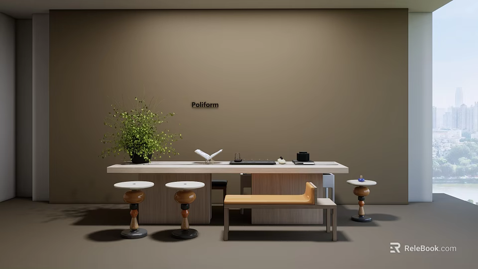 Poliform Modern Rectangular Wooden Coffee Table With Bench Stools And Green Plant On Top 3d model