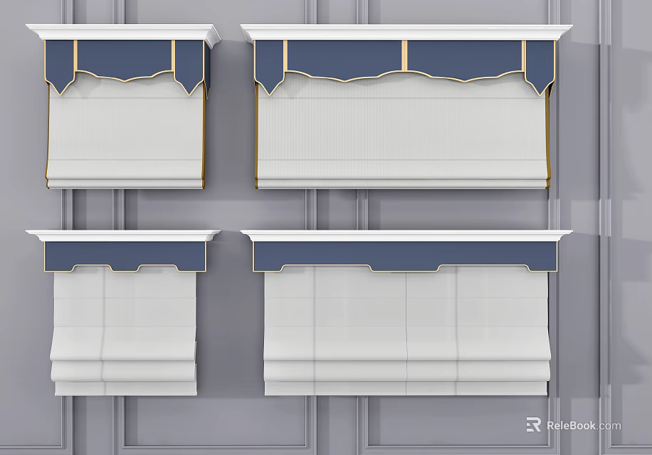 Different Styles Roman Blinds with White Fabric and Blue Gold Trim on Grey Wall 3d model 